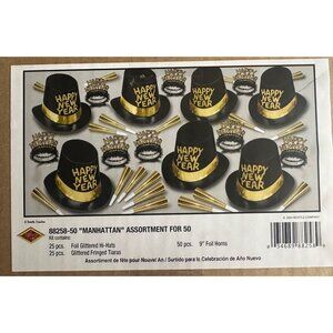 New Year’s Party Favor Assortment For 50 Guests Black Gold Hats Tiaras Horns